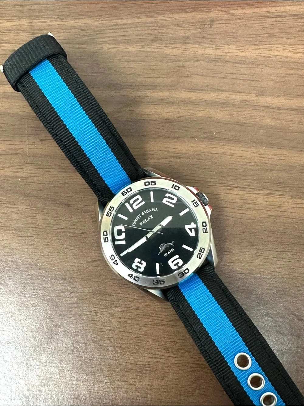 EUC Tommy Bahama Relax men’s watch IOB with Blue-Striped Canvas & Leather Band